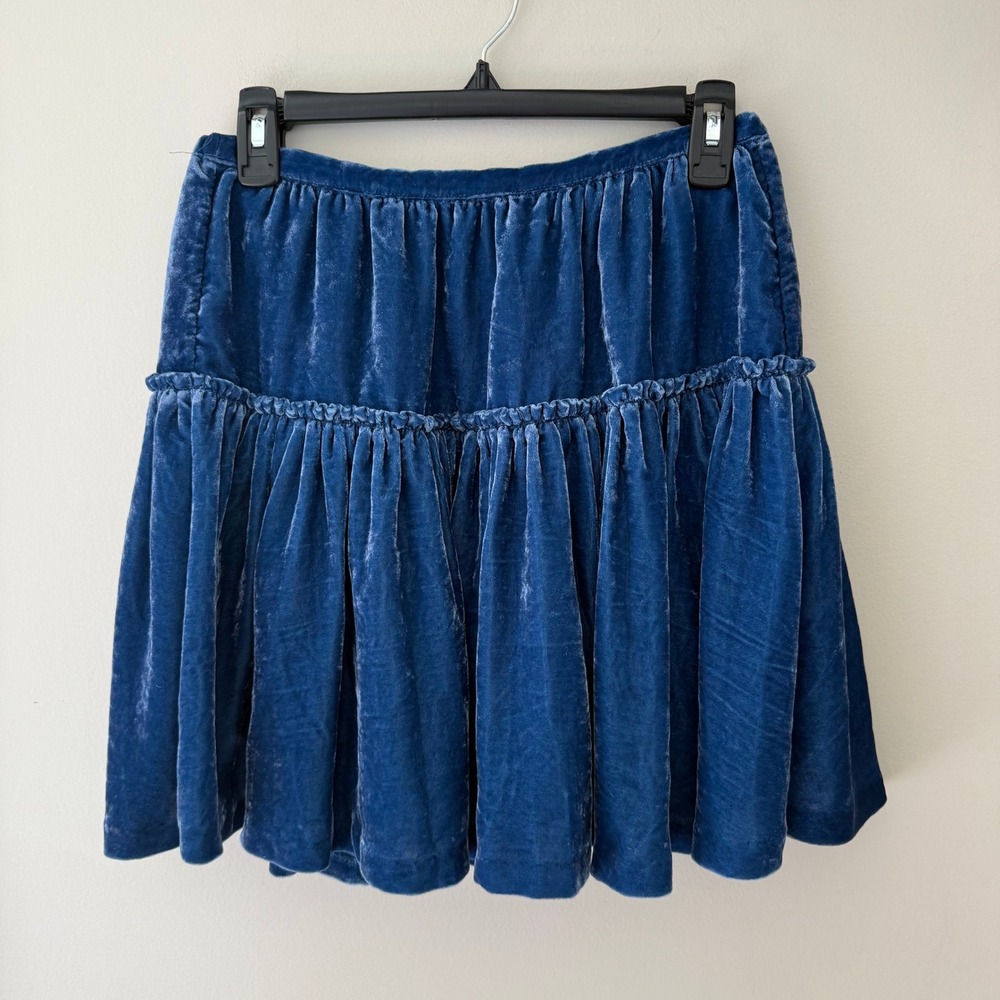 Mini Boden Girls Blue Velvet Tiered Ruffle‎ Mini Skirt Size 13-14Y Holiday Party